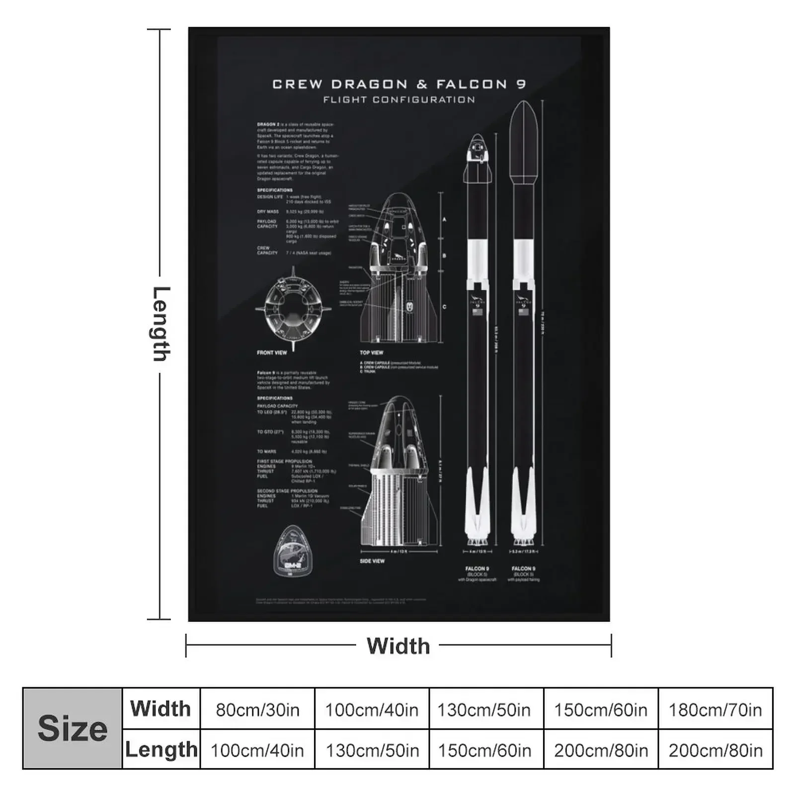 SpaceX Crew Dragon Spacecraft & Falcon 9 Rocket Blueprint in High Resolution (all black) Throw Blanket Flannels Loose Blankets