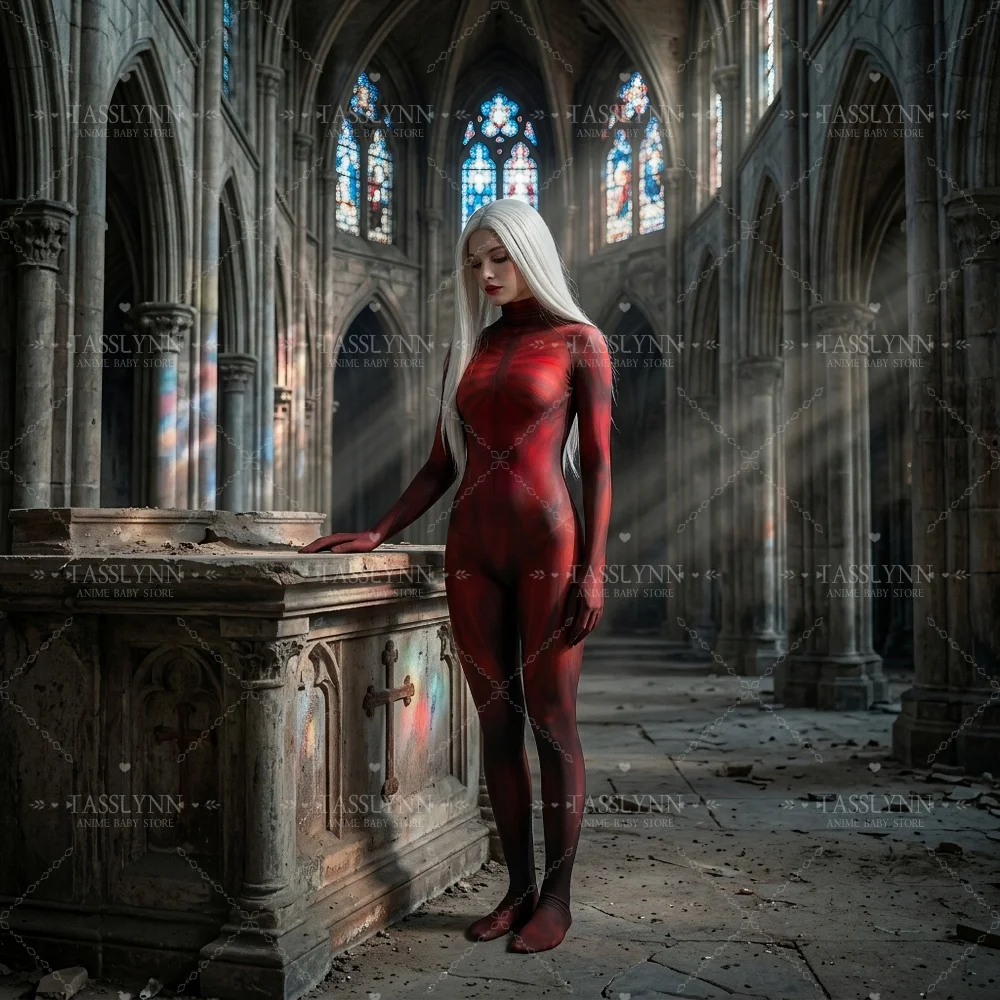 Red Skeleton Muscle Print Zentai Bodysuit, Women Full Body Human Texture Jumpsuit, Horror Costume for Halloween Cosplay Party view 3
