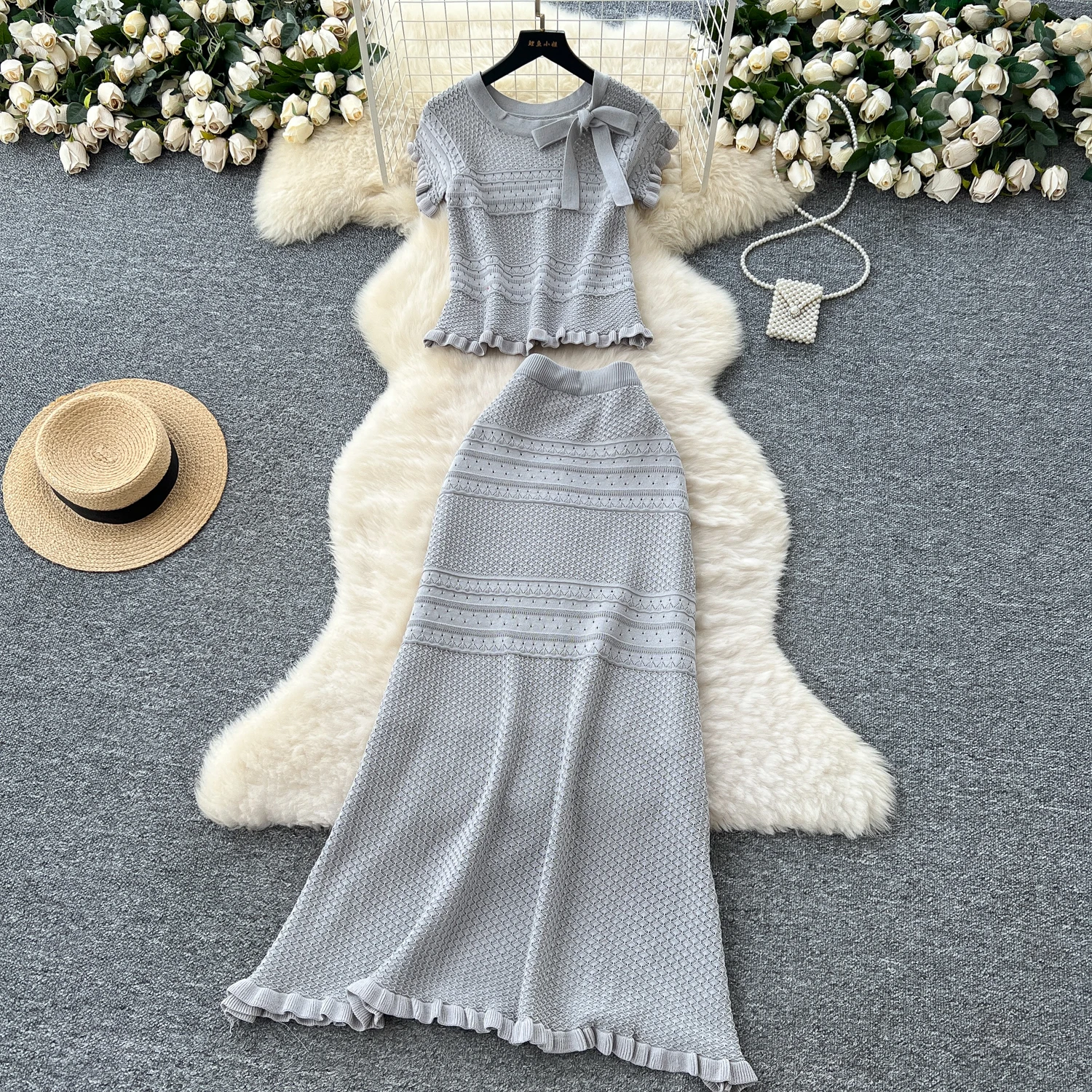 

Chic Elastic Knit butterfly A-line Dress Short Sleeve Women Elegant Korean Fashion Vestidos Summer robe Slim Two Piece Set