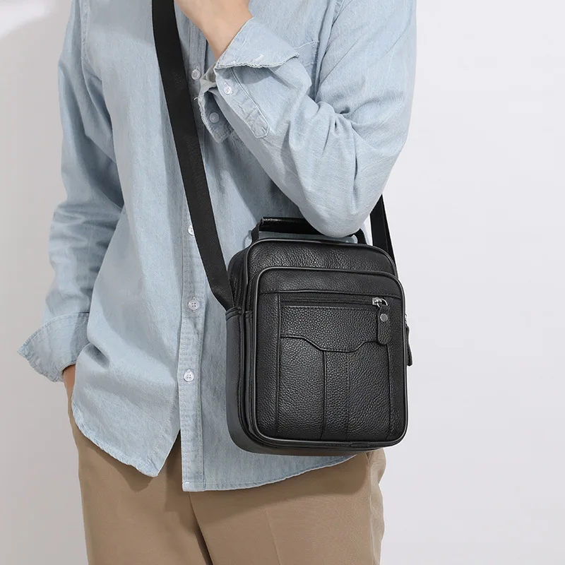 Real leather stitched men's vertical business crossbody bag with multiple pockets hand-held shoulder bag