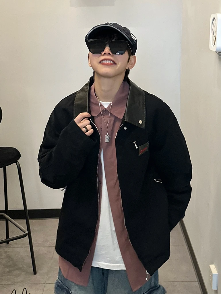 

Vintage American Retro Label Patch Leather Collar Jaet Loose Fit Spring Autumn ex Trendy Brand Cotton Polyester Jaet