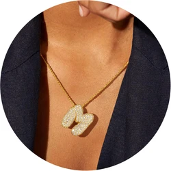 Golden Color Pave CZ Zircon Chunky Letter Necklace for Women Men Alphabet Bubble Initial Neckalces Dainty Jewelry Bijoux Gift