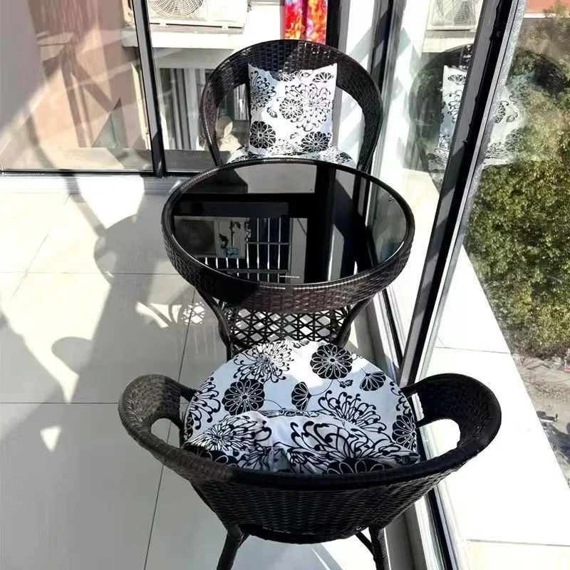 

YFY Patio Rattan Small Round Table Tempered Glass Modular Patio Backrest Chair Balcony Seat Balcony Casual Tea Table Chair