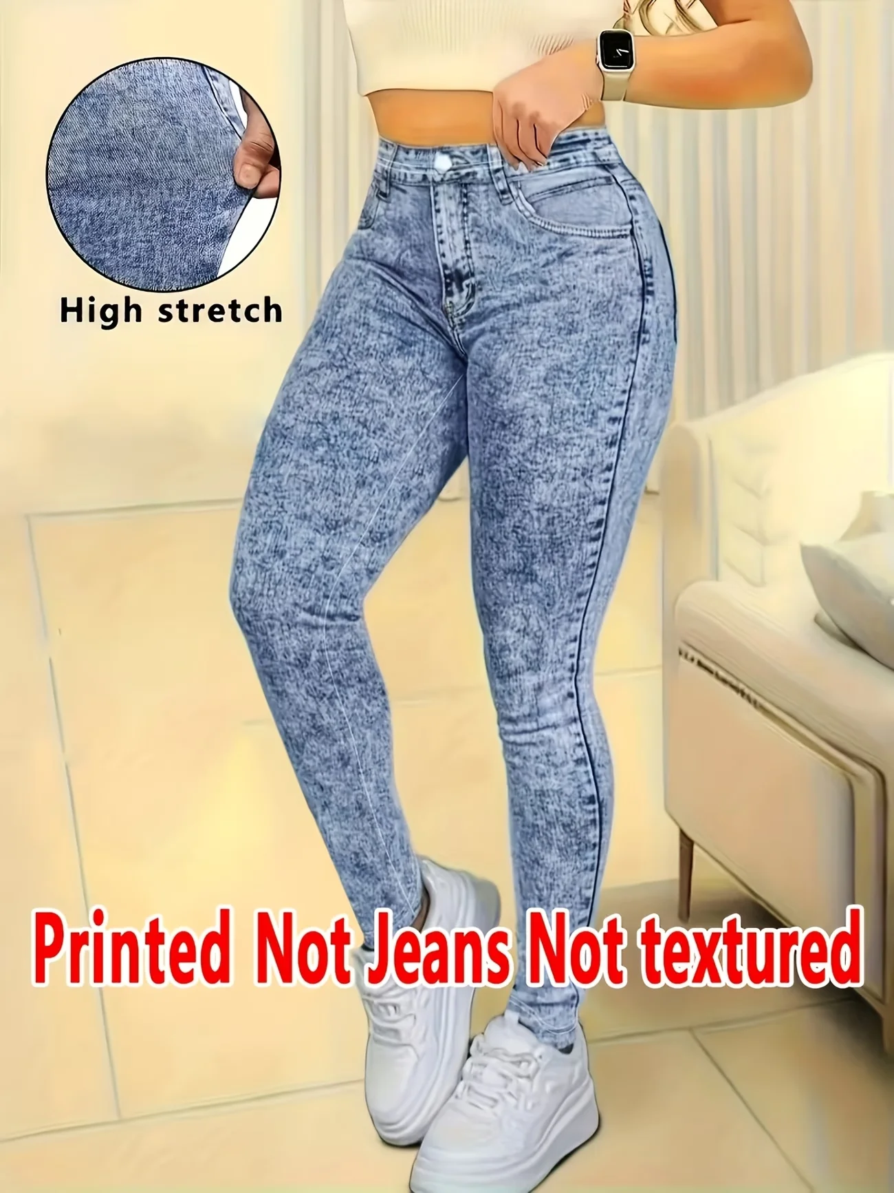 Women Printed Leggings Not Denim Fabric, Fake Pocket & Button Print Design Pants, High Elastic Fashion Slim Fit Skinny Casual Tr