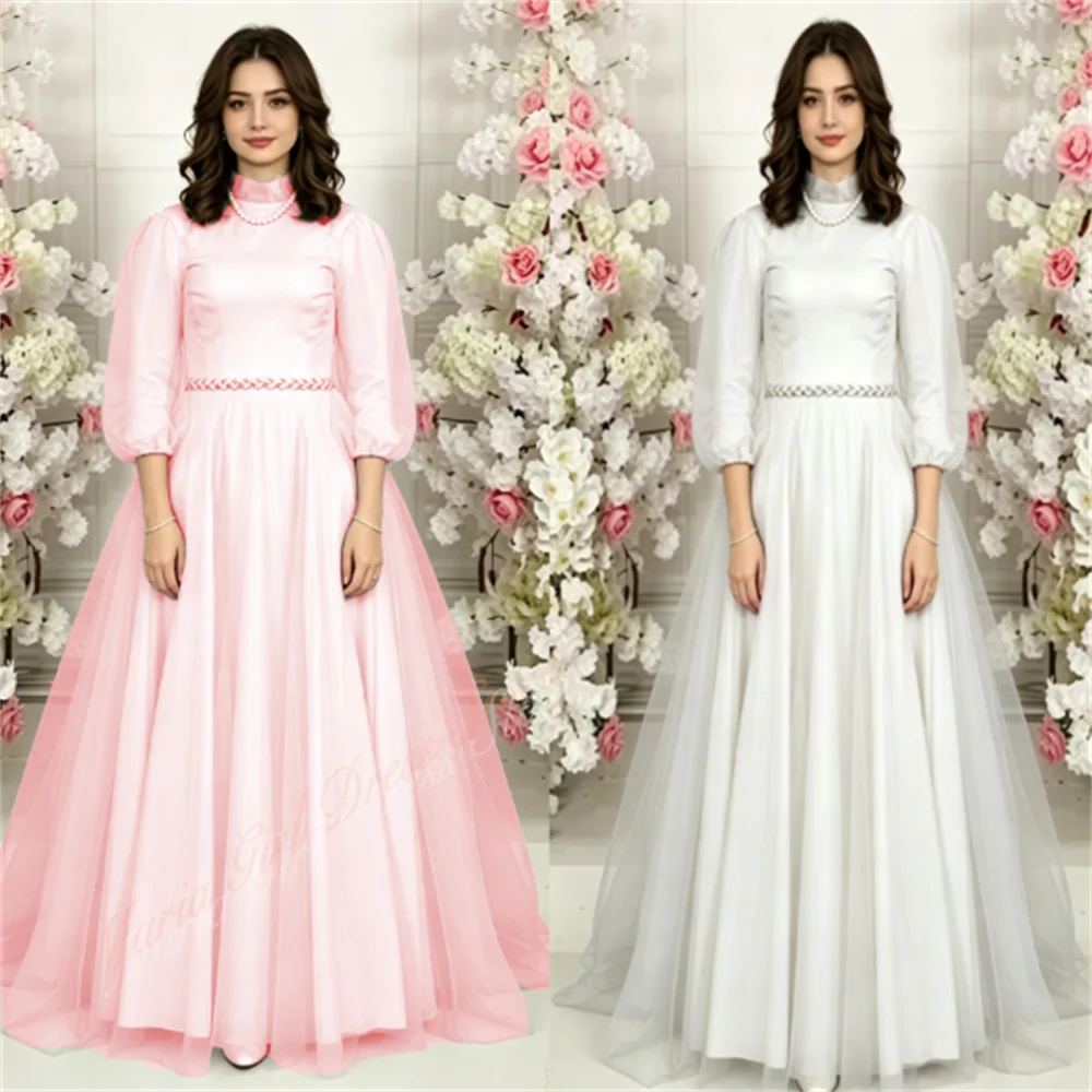 Elegant Special Occasions Dresses Pink High-neck 3/4 Sleeves Kids Party First Communion Fancy Dress Evening Gown