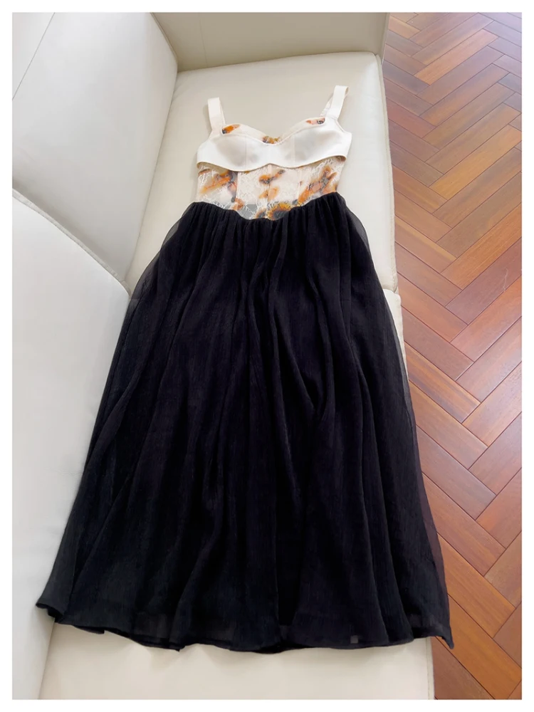 

Retro Ele Lace Trimed Waist Vaion Dr Women's High Waist A-Line Skirt Long Dr No Sve Polyester Fiber