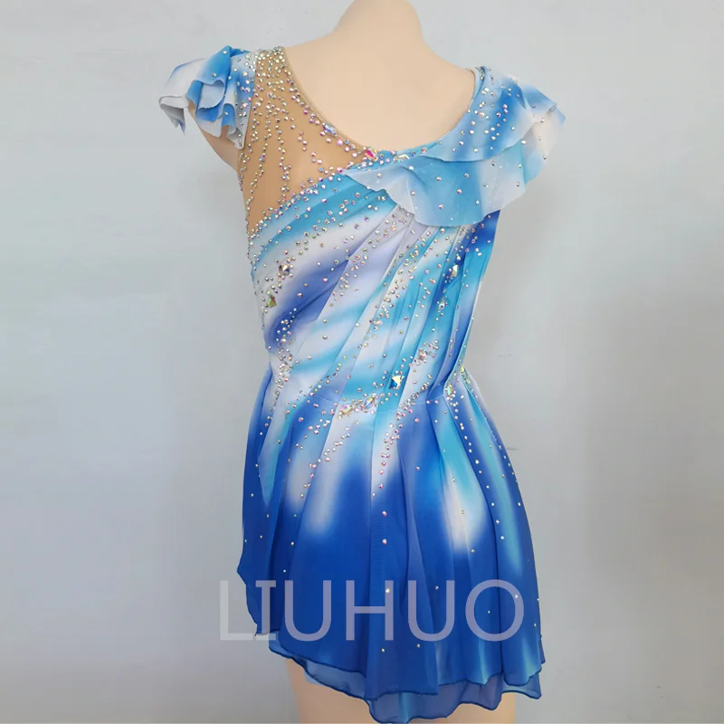 LIUHUO Kids Girls Sleeveless Blue Color Figure Ice Skating Roller Skating Rhinestones  Performance Wear High Quality Gauze Skati