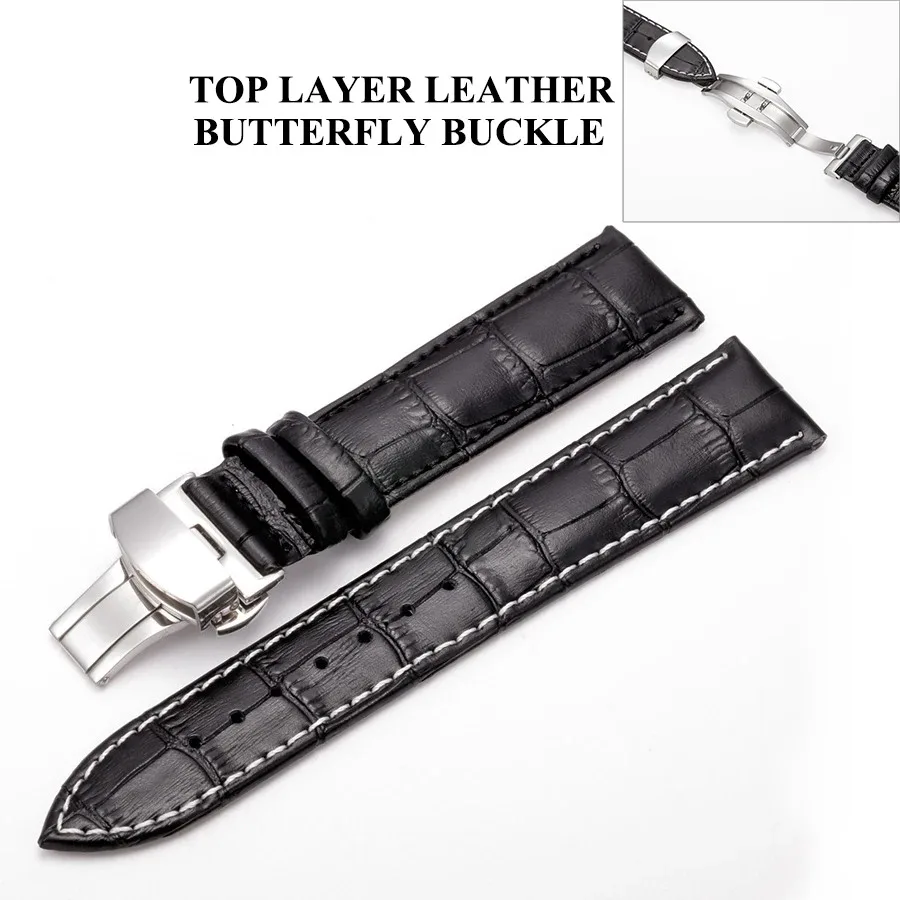 10 12 13 14 15 16 17 18 19 20 21 22 23 24mm  Leather Watch Strap Bamboo Grain Cowhide Wristband with Butterfly Buckle