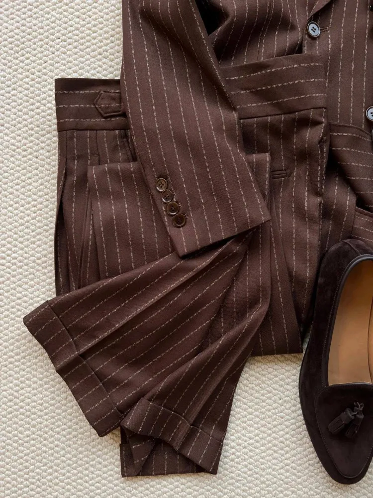 British Style Mens Striped Wedding Banquet Double Breasted Suit Sets Business Gentleman Blazers Outfits Long Pant Matching Set