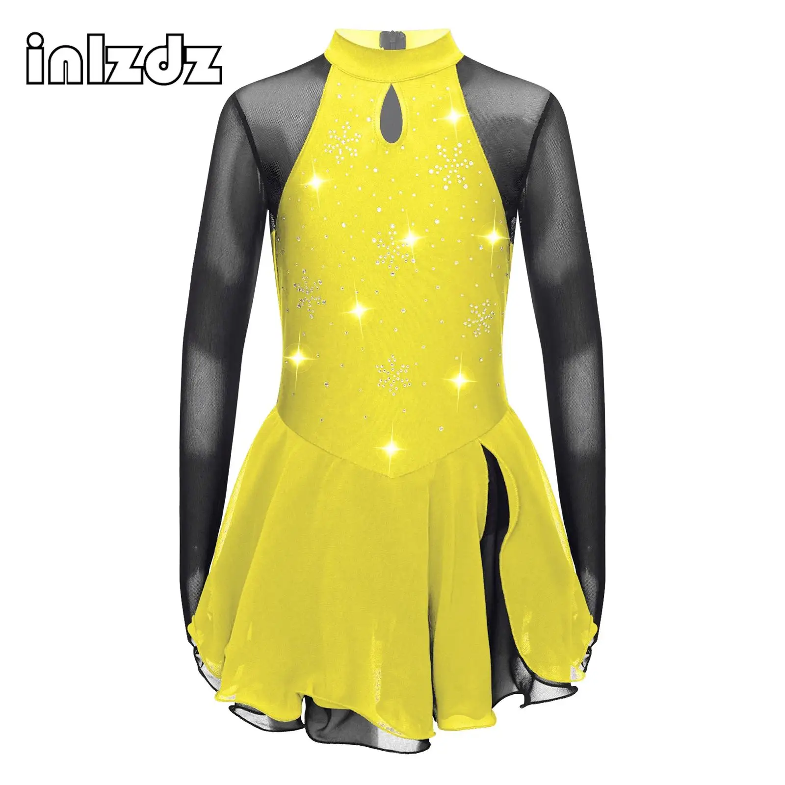 

Long Sleeve Figure Ice Skating Dress for Kids Girls Snow Rhinestone Ballet Tutu Skirt Gymnastics Leotards Performance Costume