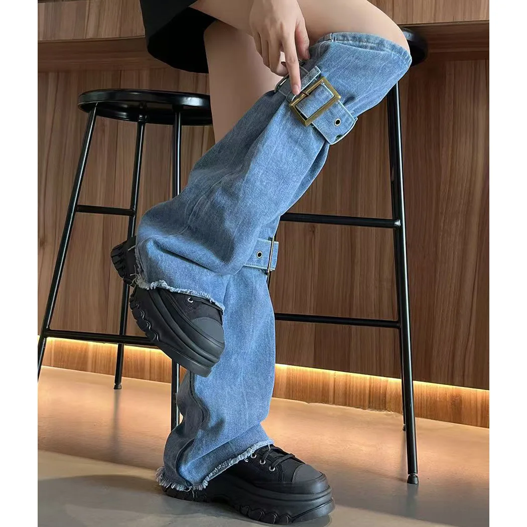 Denim Leg Cover Washed Straps Stacking Socks Stockings Fashion Y2k Leg Warmer Punk Drawstring Strap Boot Socks