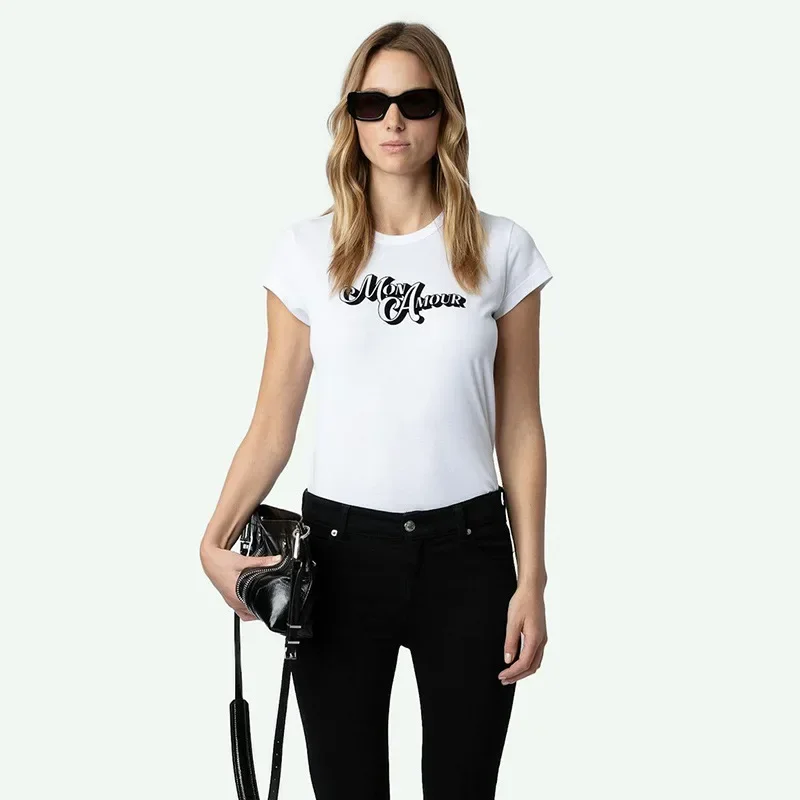 

25. Весенняя новая французская ниша ZV с флокированным принтом, облегающая белая женская футболка с короткими рукавами