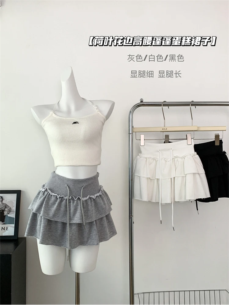 

Summer Women Korean Fashion Ballet Core Tierred Ruffles Mini Skirt Drawstring Cutecore Gyaru 2000s Coquette Preppy Vintage New