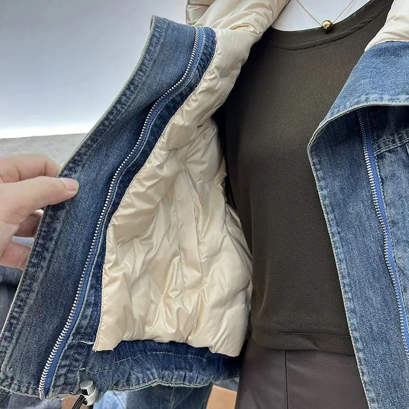 Autumn Winter New Popular Down Cotton Liner Light and Thin Down Cotton Denim Jacket Women's Short Two-sided Top Pretty Jacket