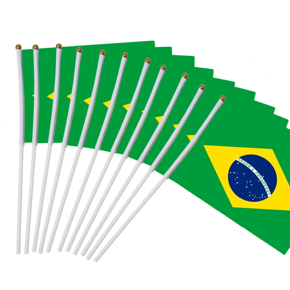 14x21cm 30pcs Brazil's national flag hand waving flags with Plastic Flagpoles Activity parade Sports Home Decoration