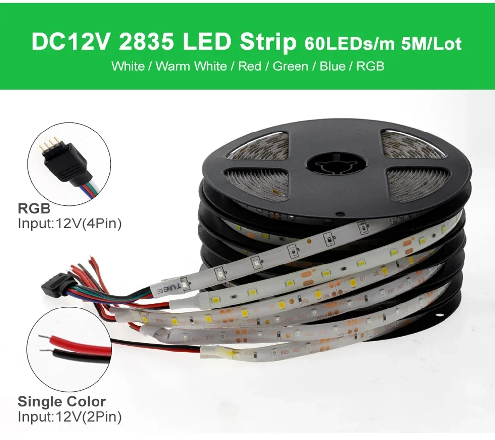 Waterproof RGB Led Strip Light 2835 DC12V 60Leds/M, Flexible Lighting Ribbon Tape in White/Warm White/Blue