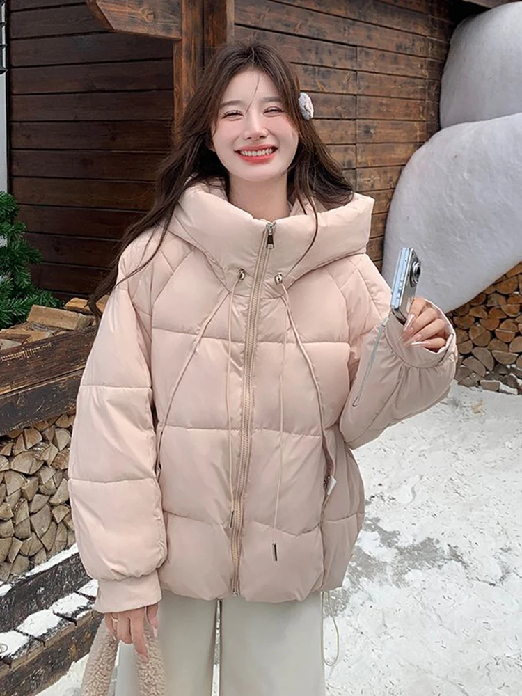 Parkas con capucha de color rosa dulce para mujer, abrigos gruesos y cálidos informales con cremallera, abrigos acampanados elegantes que combinan con todo, Tops holgados con cordones y cuello levantado