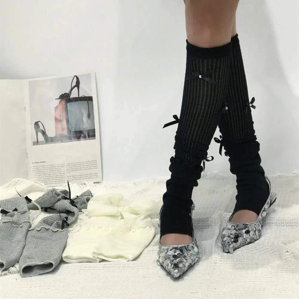 

Korean Ins Lolita JK Calf Socks Bowknot Cotton Knee High Socks Bunching Socks Breathable Bow Long Socks Lady Girls