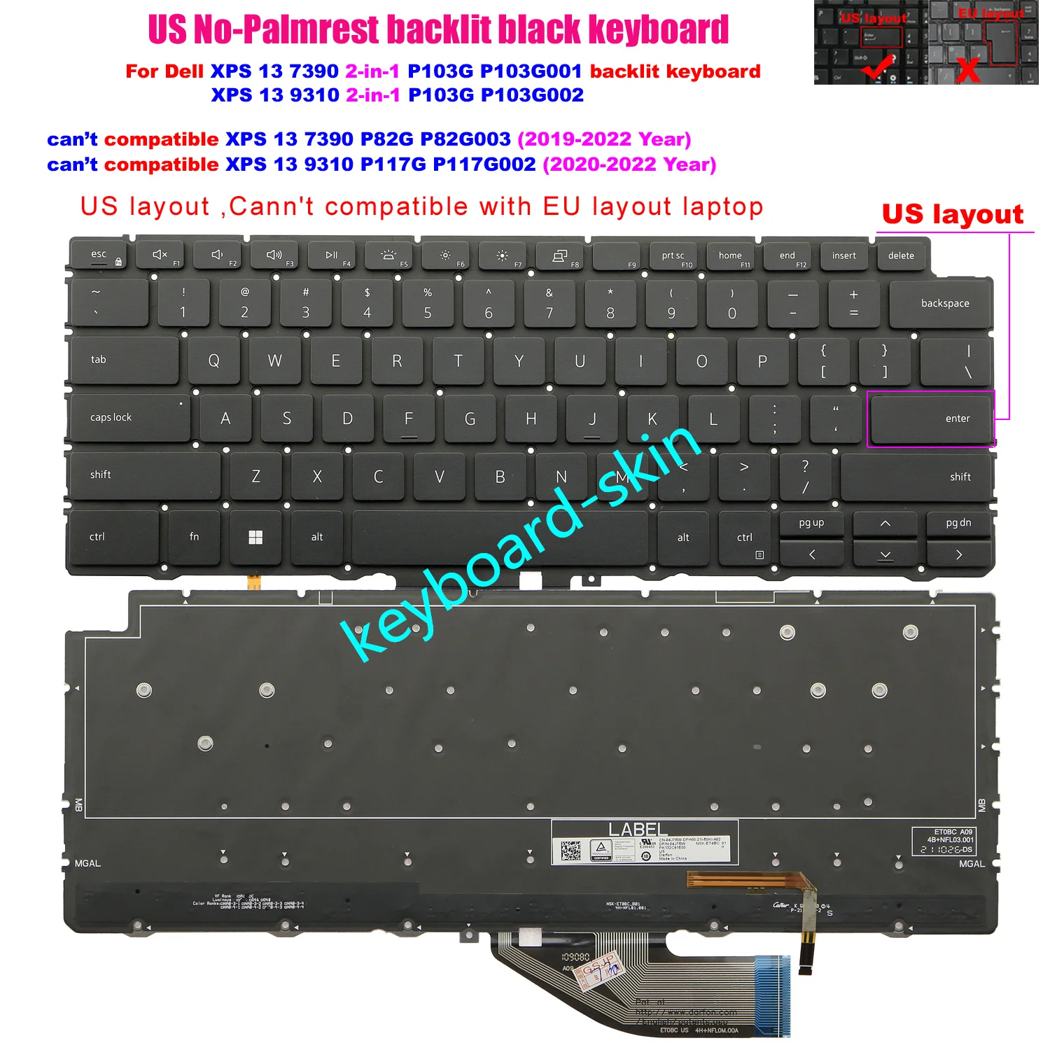 

Новая американская черная клавиатура с подсветкой для ноутбука Dell XPS 13 7390 2-в-1 P103G XPS 13 9310 2-в-1