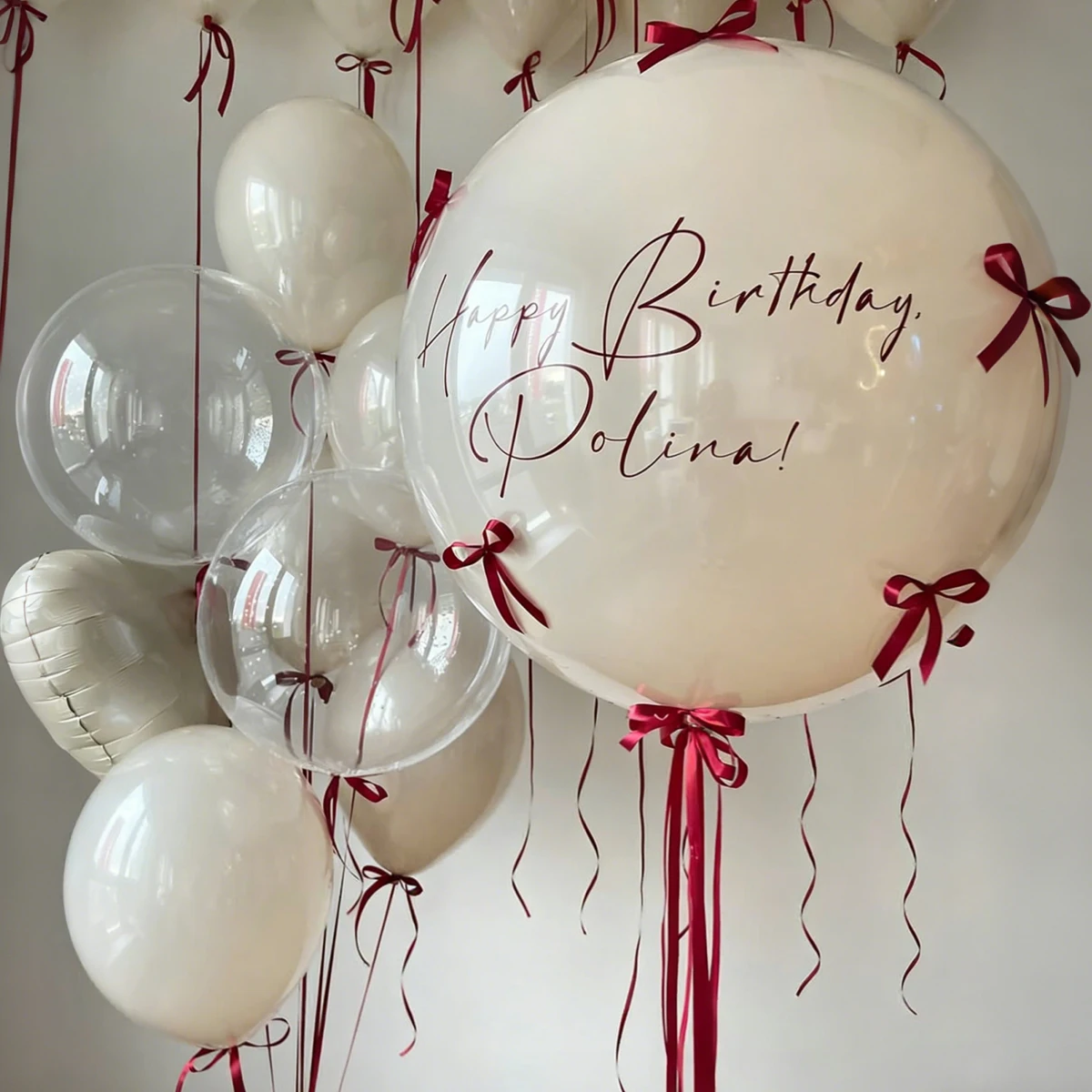 Sandweißes Bobo-Ballon-Set mit roter Schleifenband-Dekoration für Geburtstag, Hochzeit, Babyparty, Heiratsantrag, Jubiläumsdekoration – Detail 5