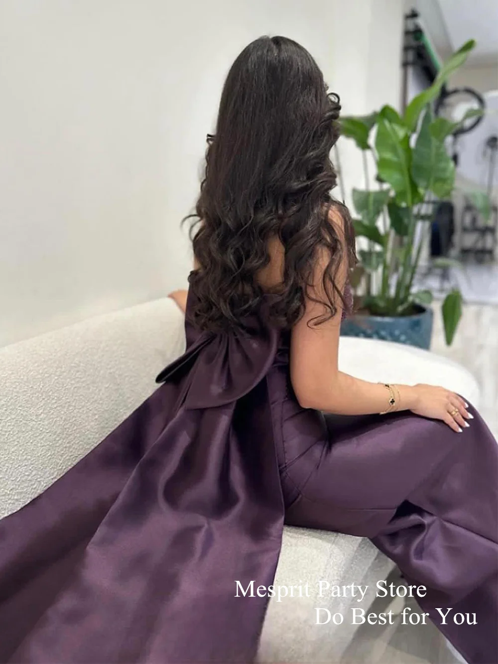 Purple Sequined Prom Dress Strapless Sleeveless Back Big Bow Straight Satin Evening Dresses Floor Length Formal Occasion Gowns