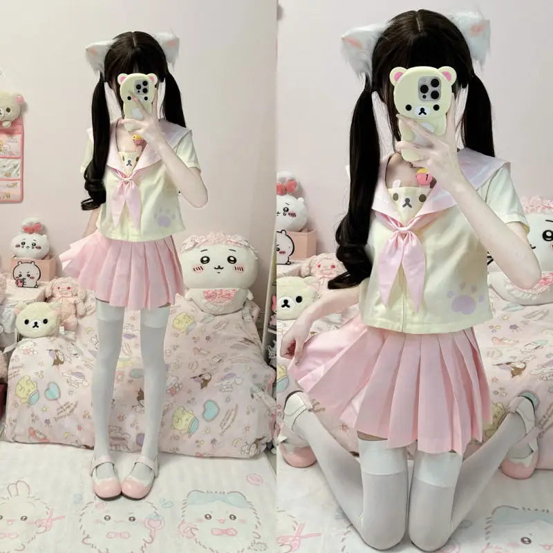 

Japanese Sweet Cute Girls Jk Uniform Short-sleeved Navy Collar Top and Pleated Short Skirt Two Piece Set Womens Outfits