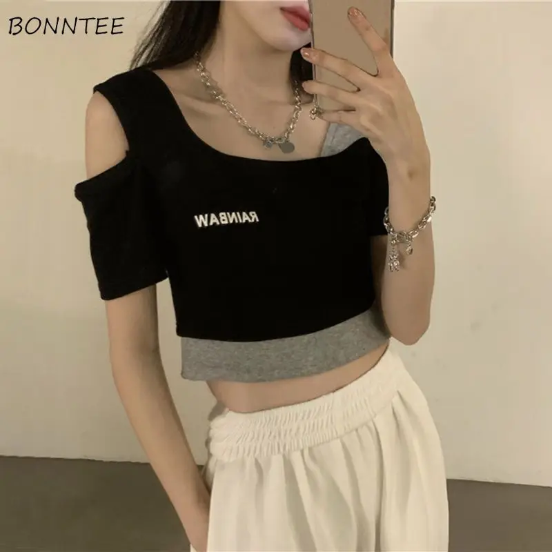 Short Sleeve Tshirts Women Fake Two Pieces Letter Print Cropped Casual Tops Hollow Out Design Slim Fashion Summer Ins All-match