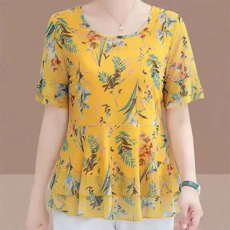 Summer Vintage Stylish Floral Printed Blouse Female Clothing Elegant Ruffles Spliced Short Sleeve Casual O-Neck Chiffon Shirt