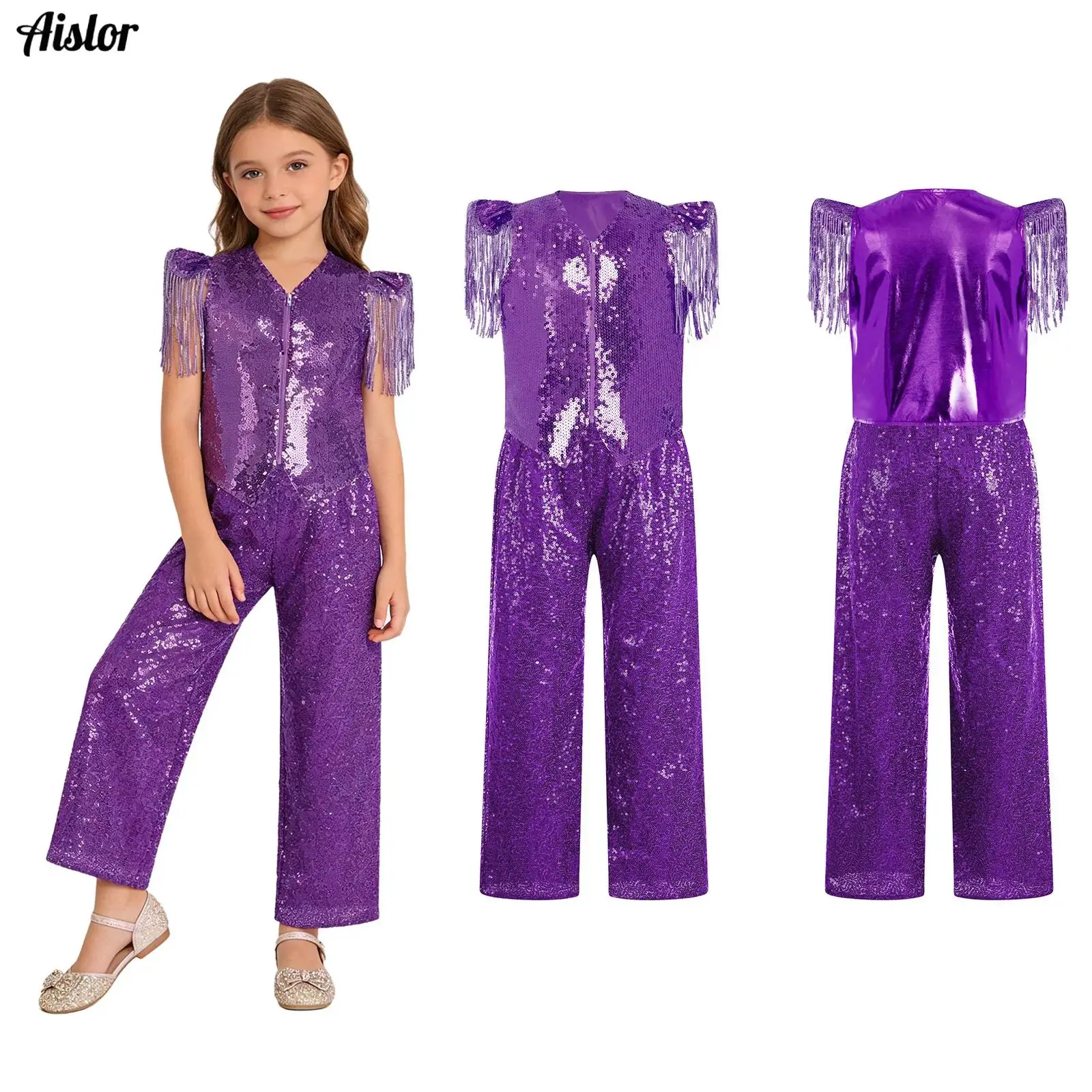 Girls Hip Hop Jazz Dance Outfit Cap Sleeves Tassels Asymmetrical Shiny Sequin Crop Top with Pants Street Hippie Ballet Dancewear
