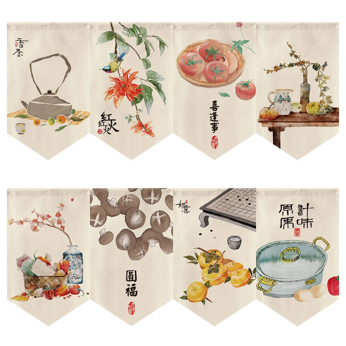 Delicious Food Hand-painted Chinese Short Curtain Kitchen Partition Teahouse Restaurant Hanging Signboard Pastoral Home Decor