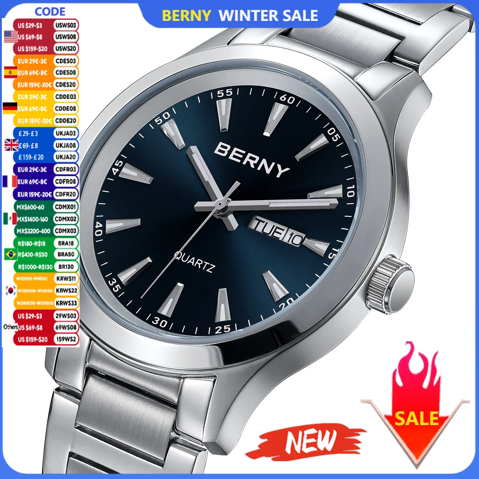 BERNY Watches for Men Week Date Fashion Dress 40mm Quartz Wristwatch Solid Stainless Steel Business Sports Elegant Men\'s Watch