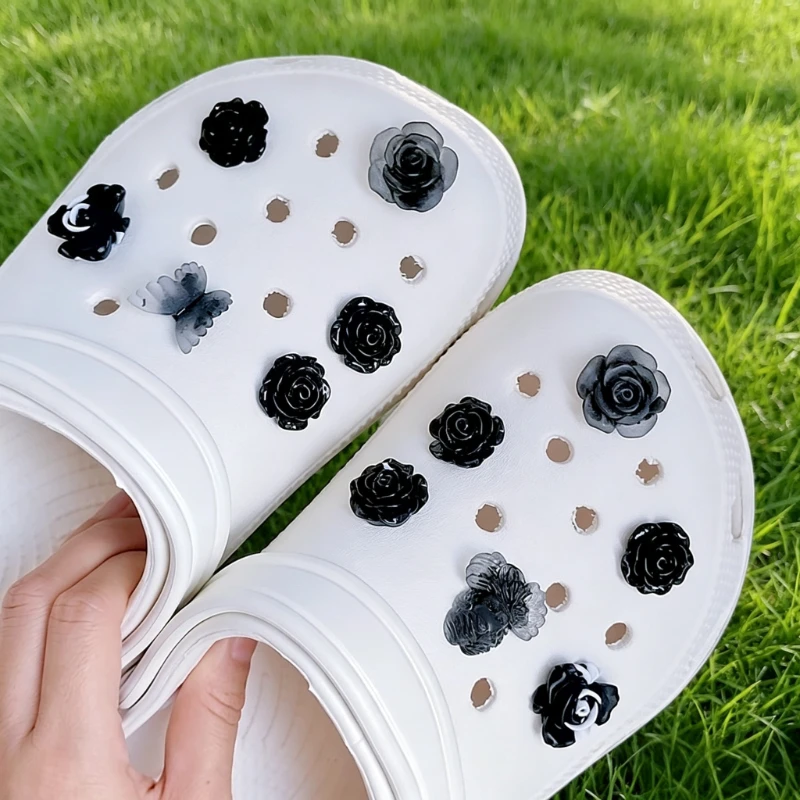 Black Ink Rose Flower Shoe Charms Detachable DIY Ornament for Hole Clog Sandals Decor Gifts for Girls Women Gothic Footwear Accs