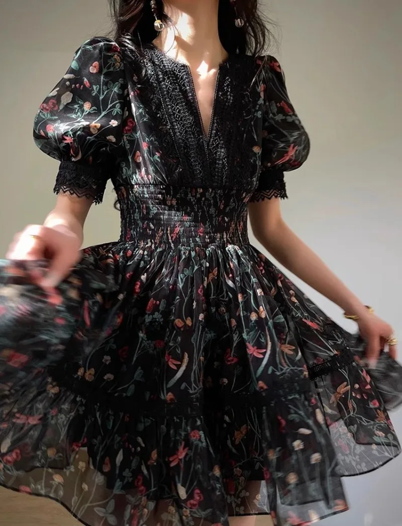 

Black Mini Dress Bodycon Elegant Floral Printed Puff Sleeve Lace Patchwork Vintage Women Dress Holiday Party Streetwear Vestidos