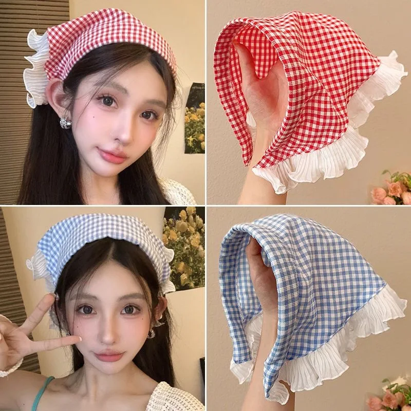 Faixa de cabeça xadrez retrô francesa – bandana triangular com acabamento em renda para mulheres, acessório de cabelo doce e fofo