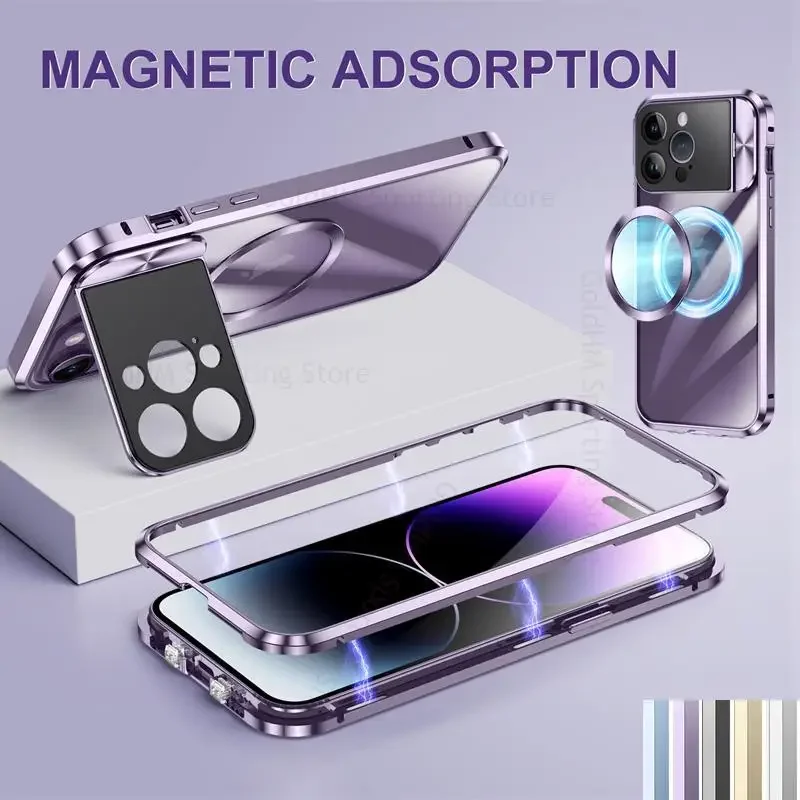 

For iPhone 15 14 13 Pro Max Metal Frame For Magsafe Flip Case Camera Lens Kickstand Bracket Magnetic Wireless Transparent Cover