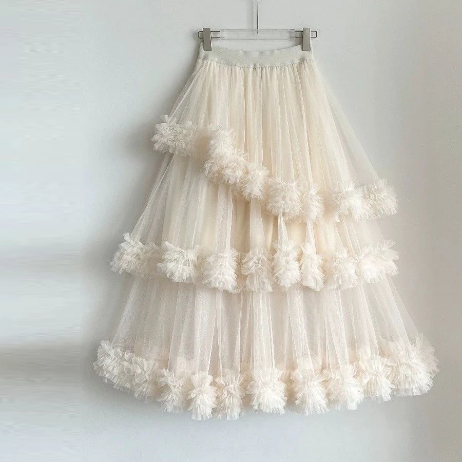 Korean wear apricot yarn gauze  female gauze light luxury high sense fairy style cake skirt long skirt