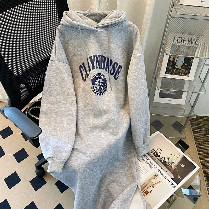 

Casual Long Hooded Sweatshirt Dress Knee-Length Lazy Style School Campus Trend Thick Winter Outerwear Youth Printed Home Clothes