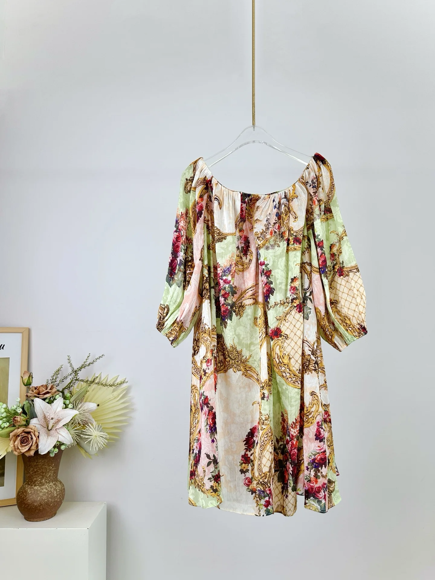 2026 Women Crystal Beaded Mini Dress Positioning Flower Print Slash Neck Lantern Sleeve Loose Female Silk Linen Short Robe
