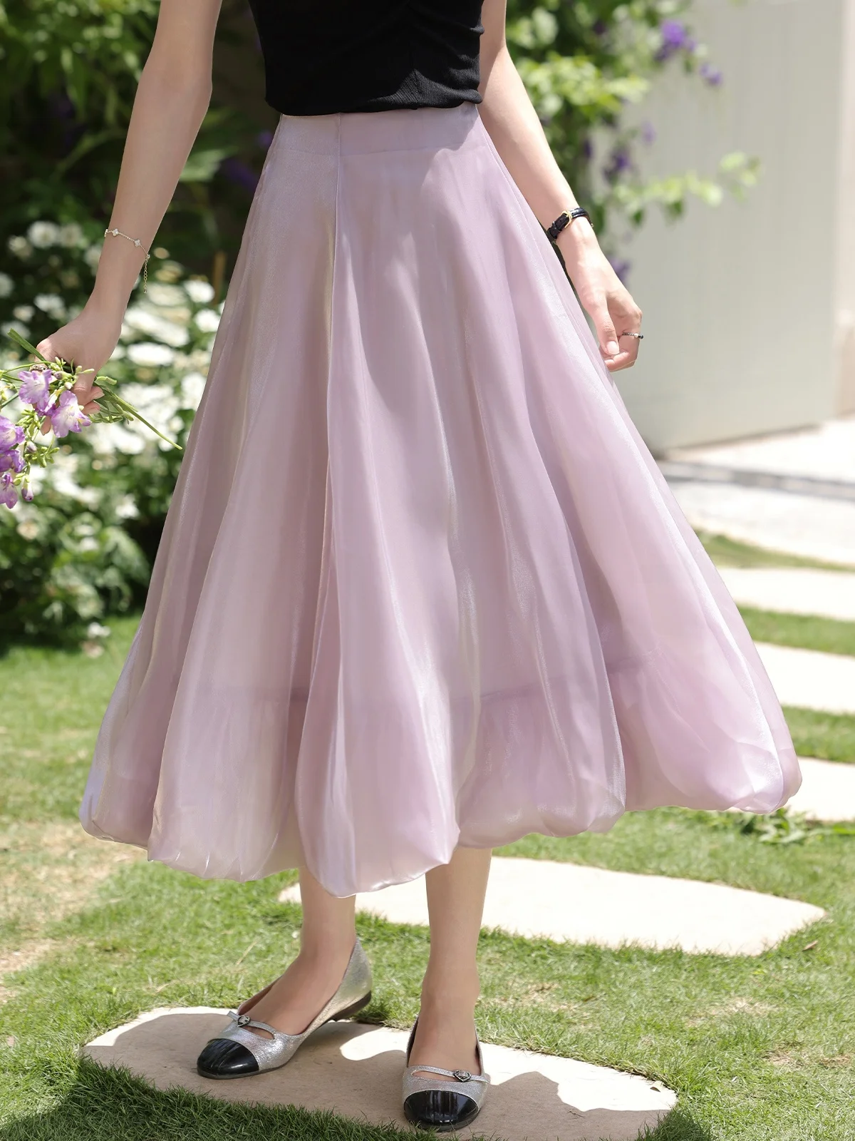 กระโปรงทรงเอไลน์สีม่วงอ่อนเอวสูงลำลองสำหรับผู้หญิงแฟชั่นฤดูร้อนกระโปรงสีพื้นสไตล์ปารีส