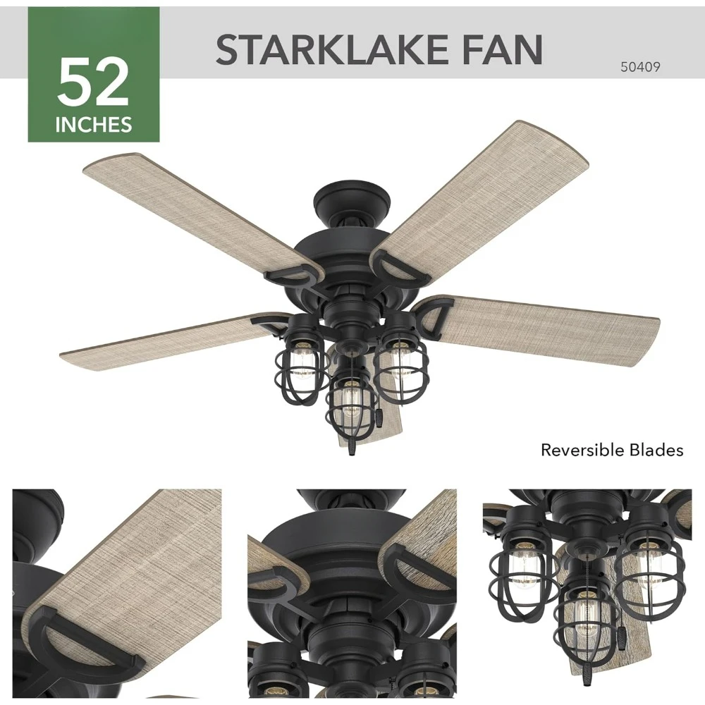 52 Inch Starklake Indoor or Outdoor Ceiling Fan, Pull Chain Control, and Quiet 3 Speed Motor, 52, Natural Iron finish