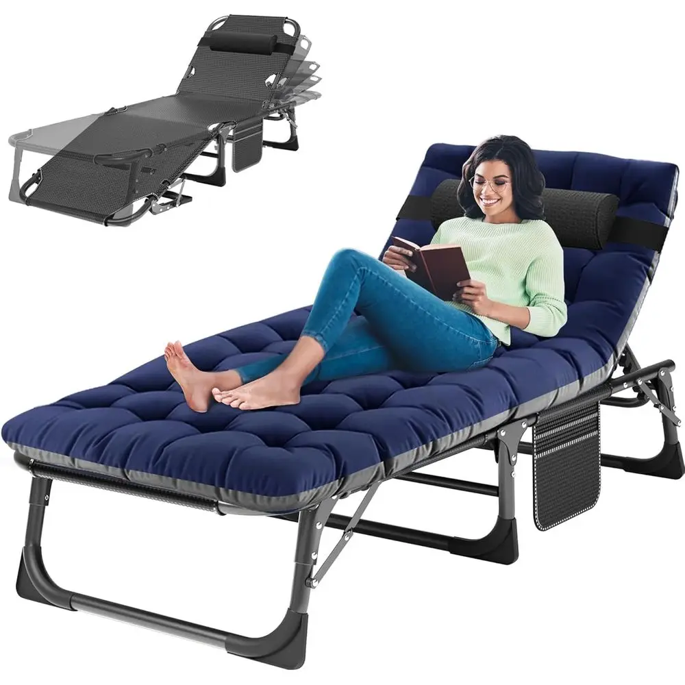 

3-in-1 olding Patio Lounge Chair, 440LB Heavy-Duty Tri-old Gt Bed with Plush Cotton Cushion, No Assembly Adjustable Recliner or