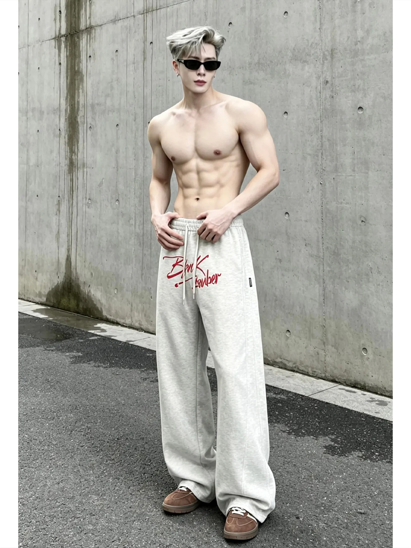 

American Style Grey Men's Summer Thin Fitness Sports Pants Casual Loose Straight Leg Breathable Drawstring mid Waist