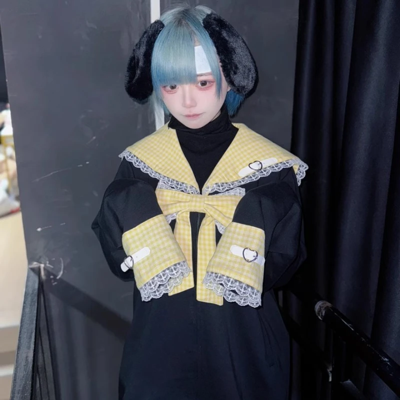 Navy Collar Female Top Jacket 2025 New Contrasting Colors Sweet And Cute Bow Shirt Sweatshirt Japanese Women's Long Hoodies Coat