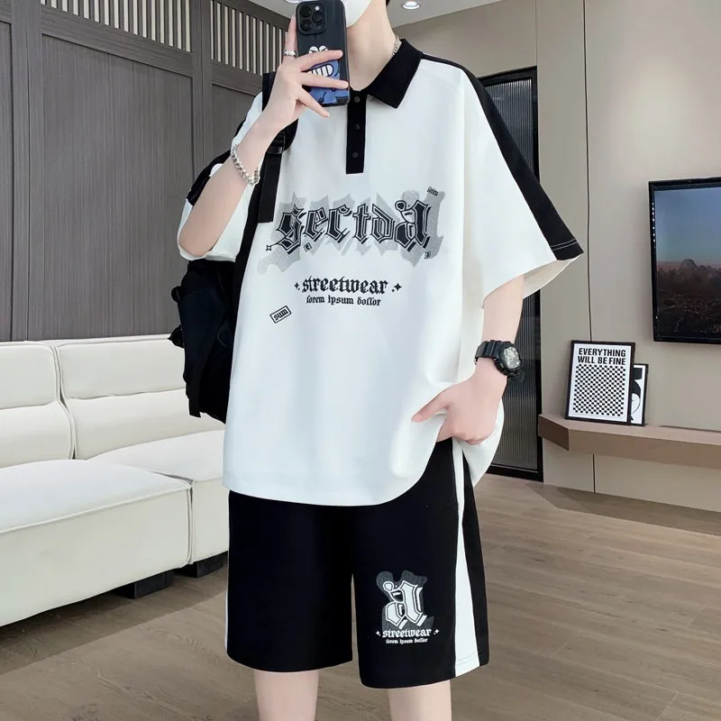 プラスサイズメンズ半袖ポロシャツ＆tシャツセット-大きいサイズ-ユースファッション-カジュアルスポーツウェア-ツーピースセット-太め男性向け