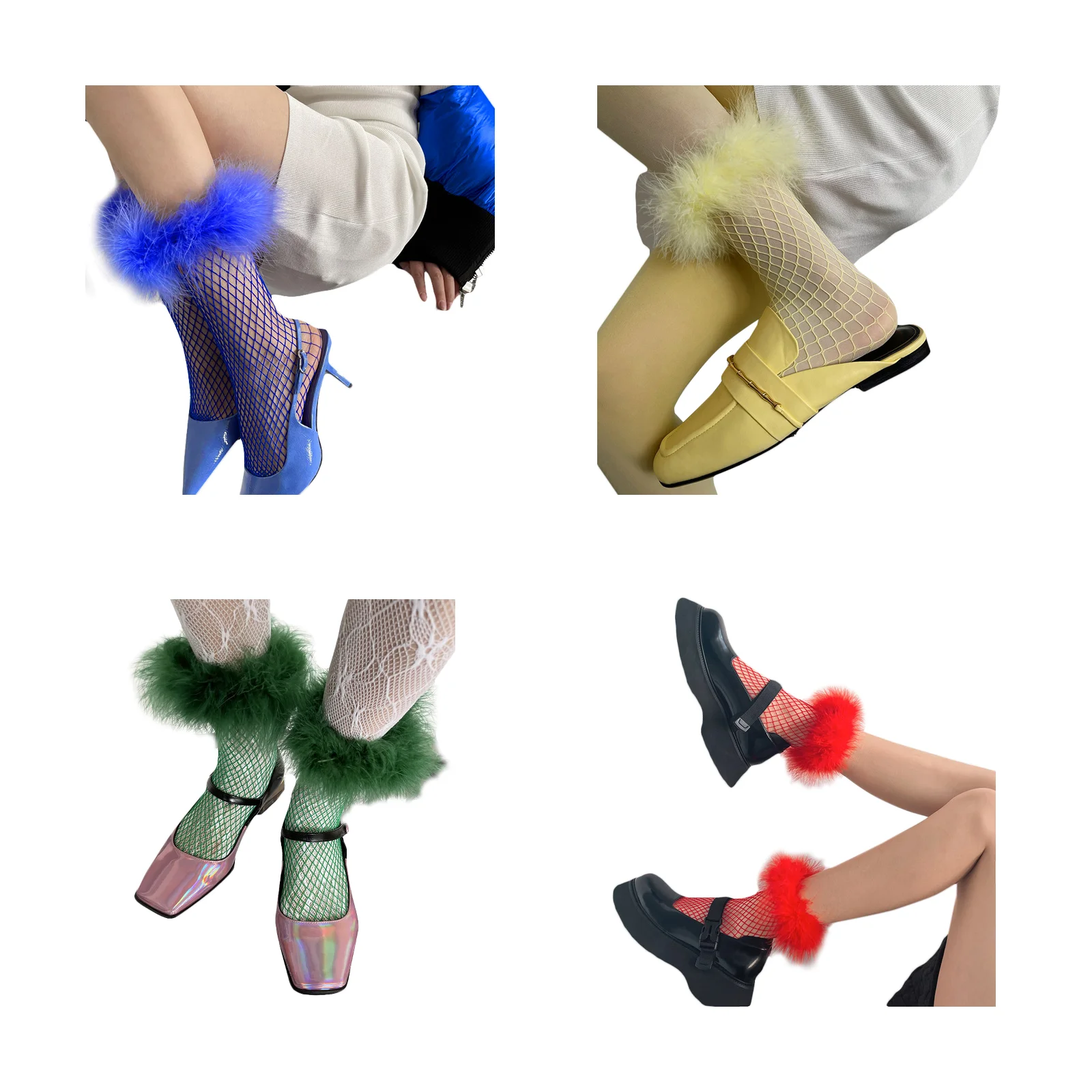 

Набор из четырех цветных чулок-сеток с перьями (по одному паре синих, желтых, зеленых и красных)