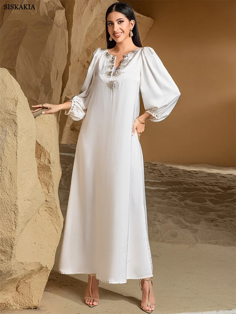 Siskakia Morocco Rhinestone Decorated Abaya Dubai Lantern Sleeve Kaftan Loose Solid  Maxi Dress 2025