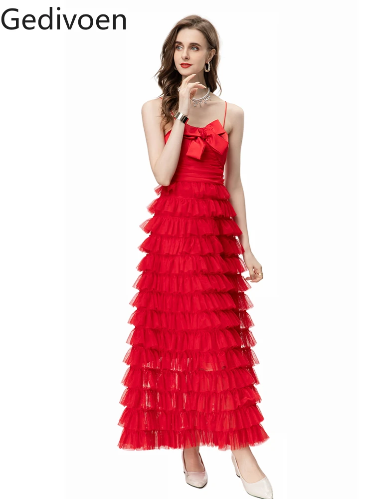 

Gedivoen Summer Fashion Runway New Designer Square Collar Solid Red Tierred Draped Casual Style Camisole Ball Gown Dress