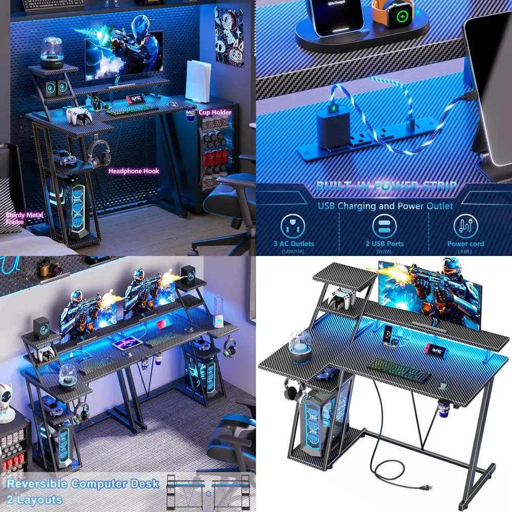 

Игровой стол с LED-подсветкой, 39 дюймов, с розеткой и полками для хранения, компактная L-образная рабочая станция для геймеров и спален в Калифорнии