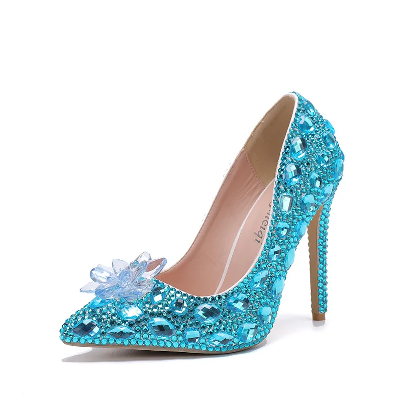 High Heels Wedding Women Shoes Diamond Pumps Cinderella Crystal Shoes Rhinestone Pointed Toe Glitter Party Silver New Arrival