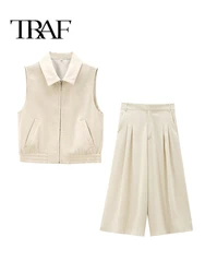 TRAF Autumn 2PCS Women Casual Shorts Vest Set Chic Sleeveless Shirt Style Pockets Zipper Vest Top Fashion Short Pants